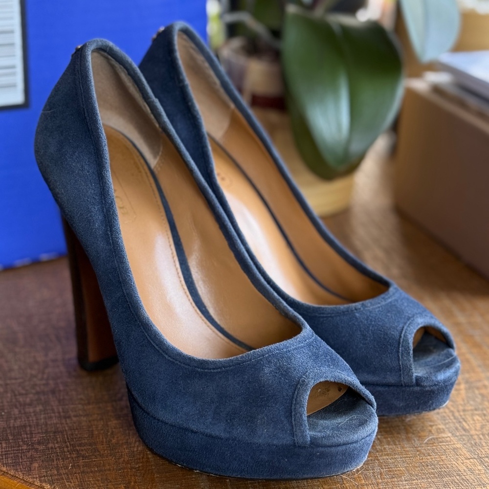Coach Breana Blue Suede Peep Toe Heels